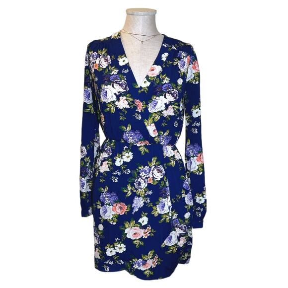 LULU'S Mini Floral Dress Faux Wrap LongSleeve V-Neck Cocktail Blue Cottagecore - Picture 3 of 12